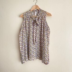 Xhilaration Large Floral Sheer Blouse Shoulder Cutout Necktie Button Down Flowy